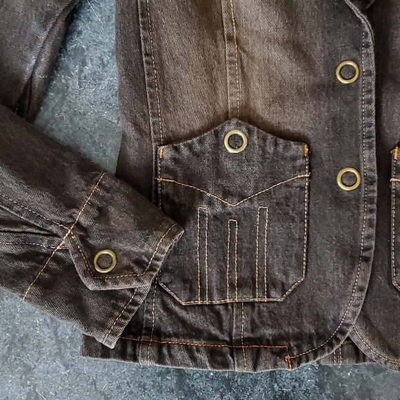 Mango Jeans Denim Blazer, Black Brown Tan Jean Jacket, XXS S EUC, Brass Snaps - Picture 4 of 10
